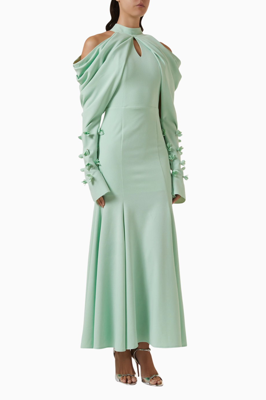 Draped Off-shoulder Omuz Açık Çiçek Aplikeli Maxi Kadın Elbise