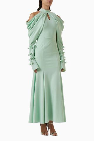 Draped Off-shoulder Omuz Açık Çiçek Aplikeli Maxi Kadın Elbise