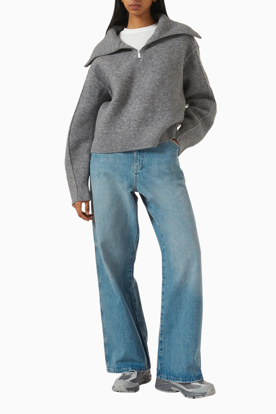 Polar Half-Zip Knit Sweater, Gri Lüks Yarım Fermuarlı Triko
