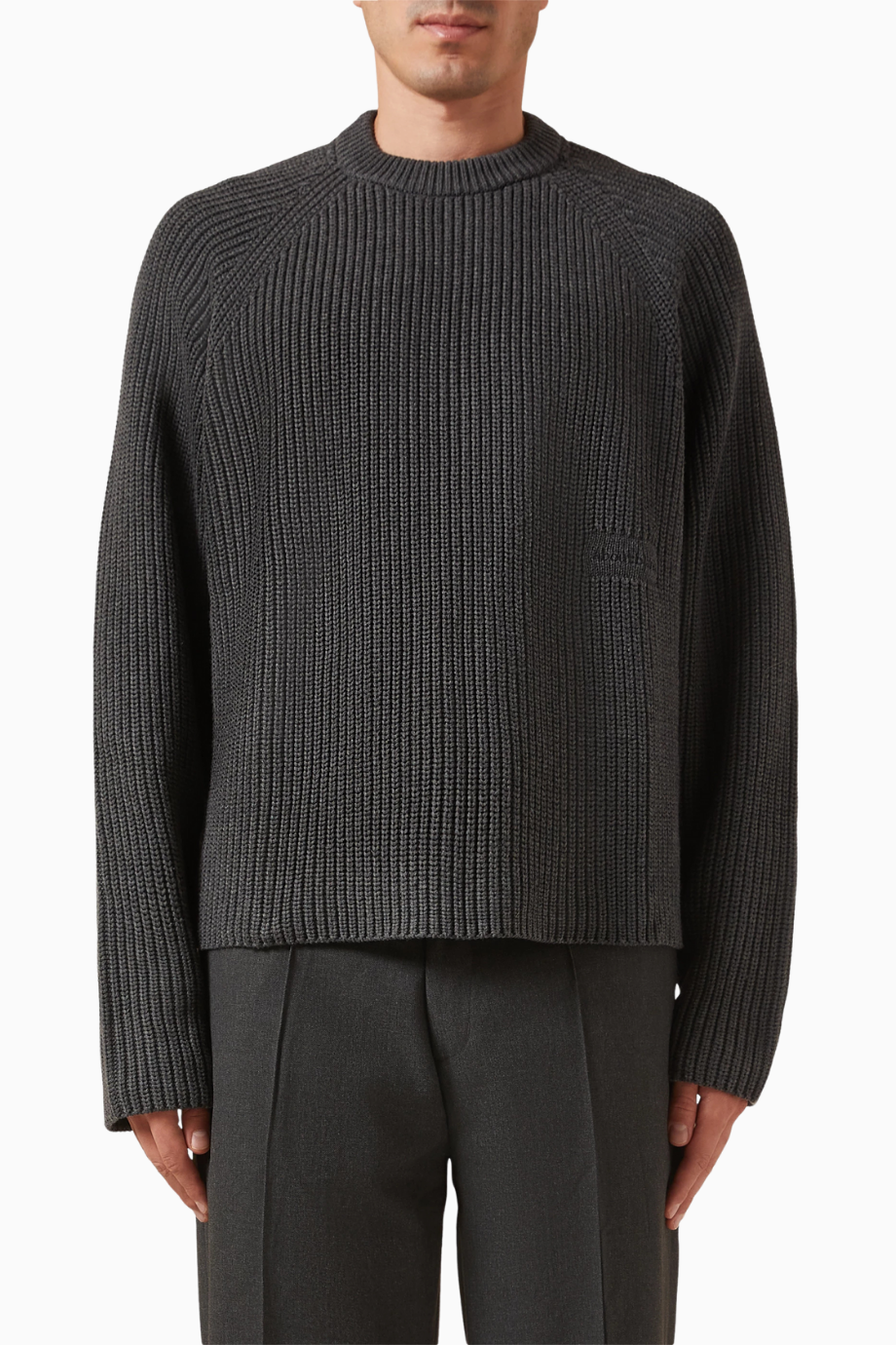 Rib Mock Neck Crew Cotton Knit Antrasit Erkek Kazak