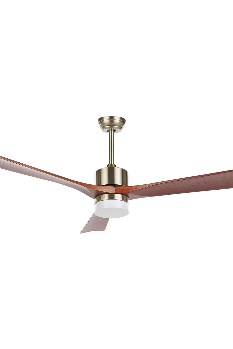 Pirinç Gövde ve Koyu Ahşap Kanatlı LED Işıklı Tavan Vantilatörü