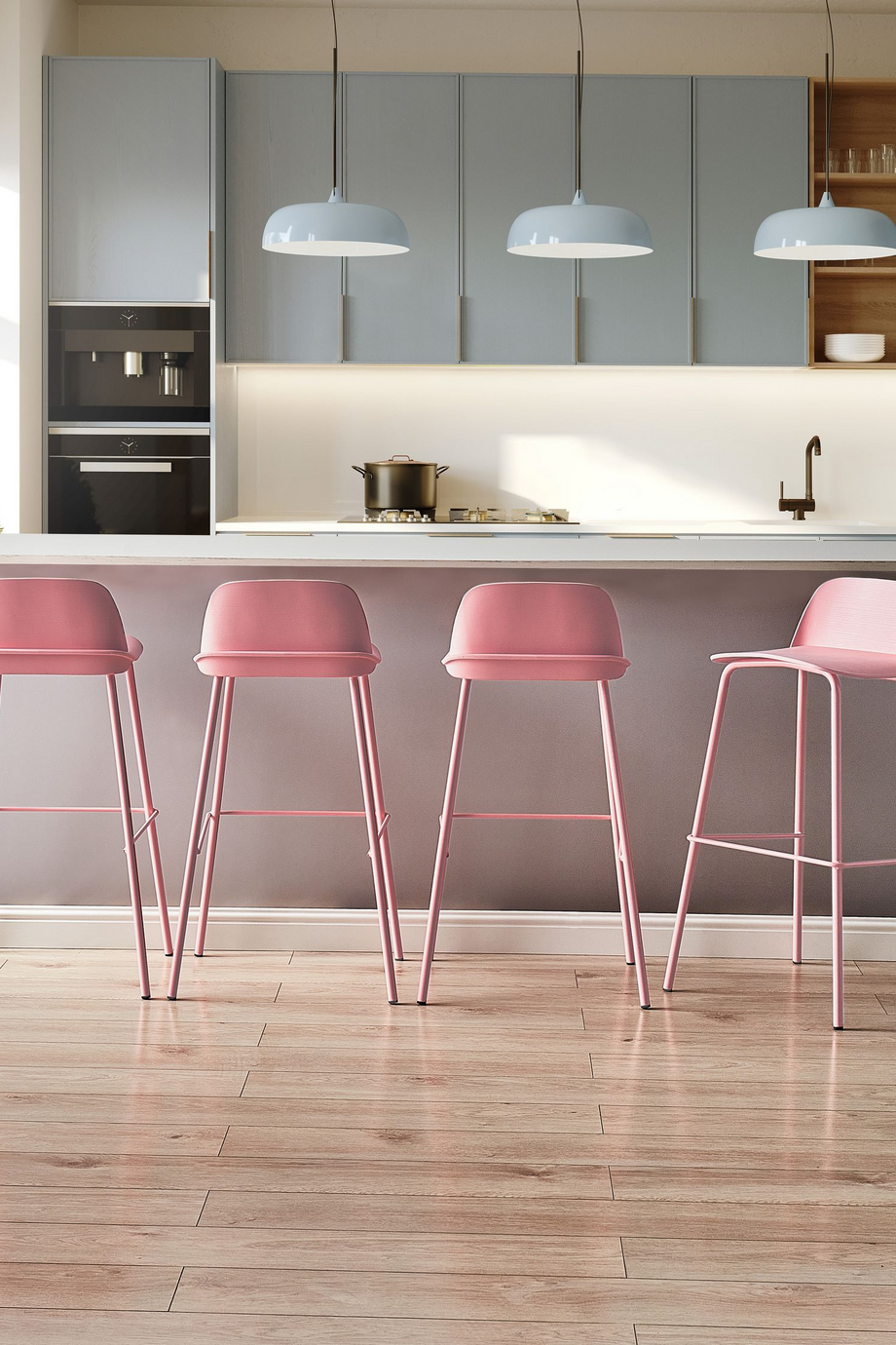 MORA 4’lü Pastel Pembe Bar Sandalyesi Seti, Dayanıklı Sentetik ve Metal, Modern Tasarım