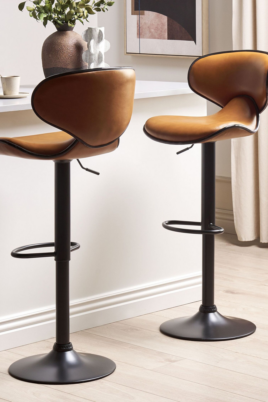 CONWAY 2'li Altın Kahverengi Döner Bar Sandalyesi Seti, Suni Deri, Ayarlı, 87-109 cm