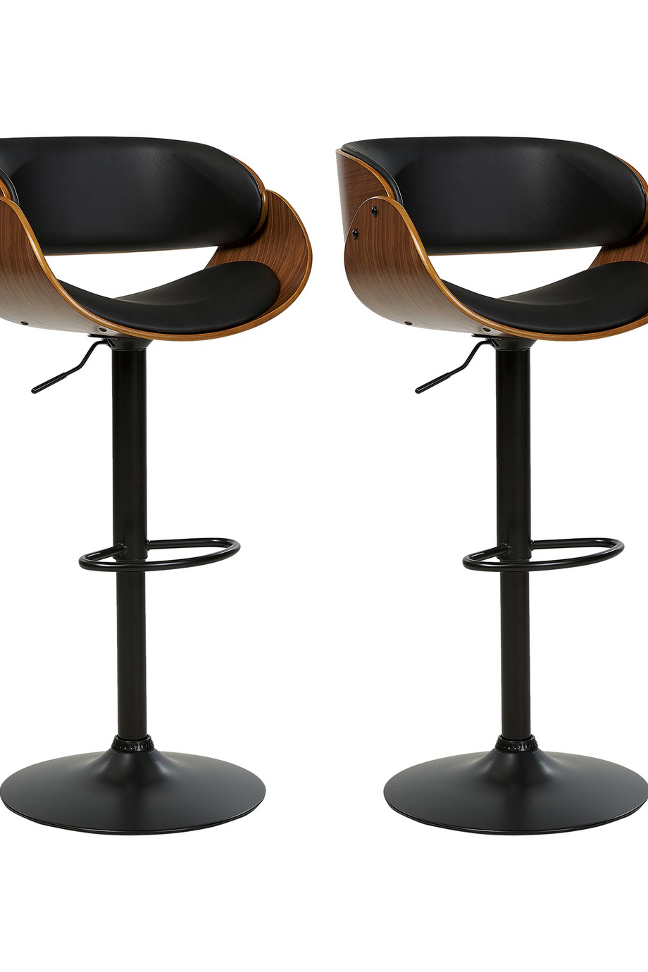BAKU II 2'li Döner Bar Sandalyesi Seti, Siyah Deri, 57–79 cm Ayarlı, Modern Tasarım