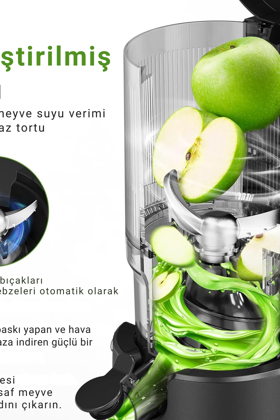 Yavaş Meyve Sıkacağı, 126 mm Geniş Ağız, Soğuk Pres, 200W Geliştirilmiş Motor