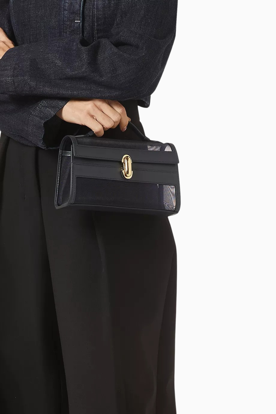 Symmetry Navy Mesh ve Deri Top-handle Lüks El Çantası