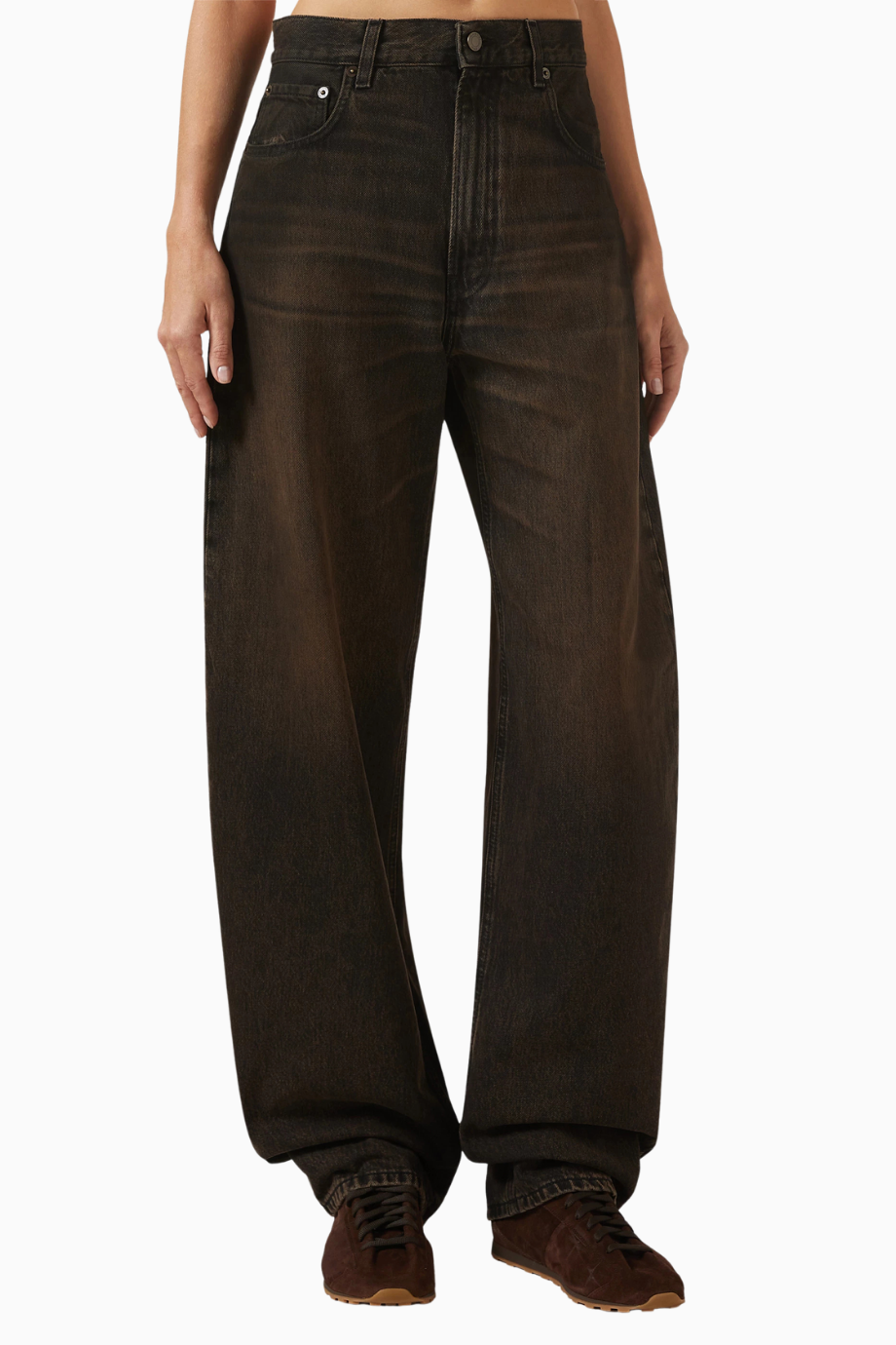 Barrel Fit Jeans, Kahverengi Denim-Lüks Deri Detaylı Kadın Jean