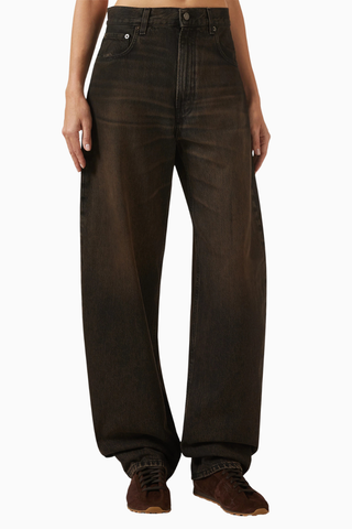 Barrel Fit Jeans, Kahverengi Denim-Lüks Deri Detaylı Kadın Jean