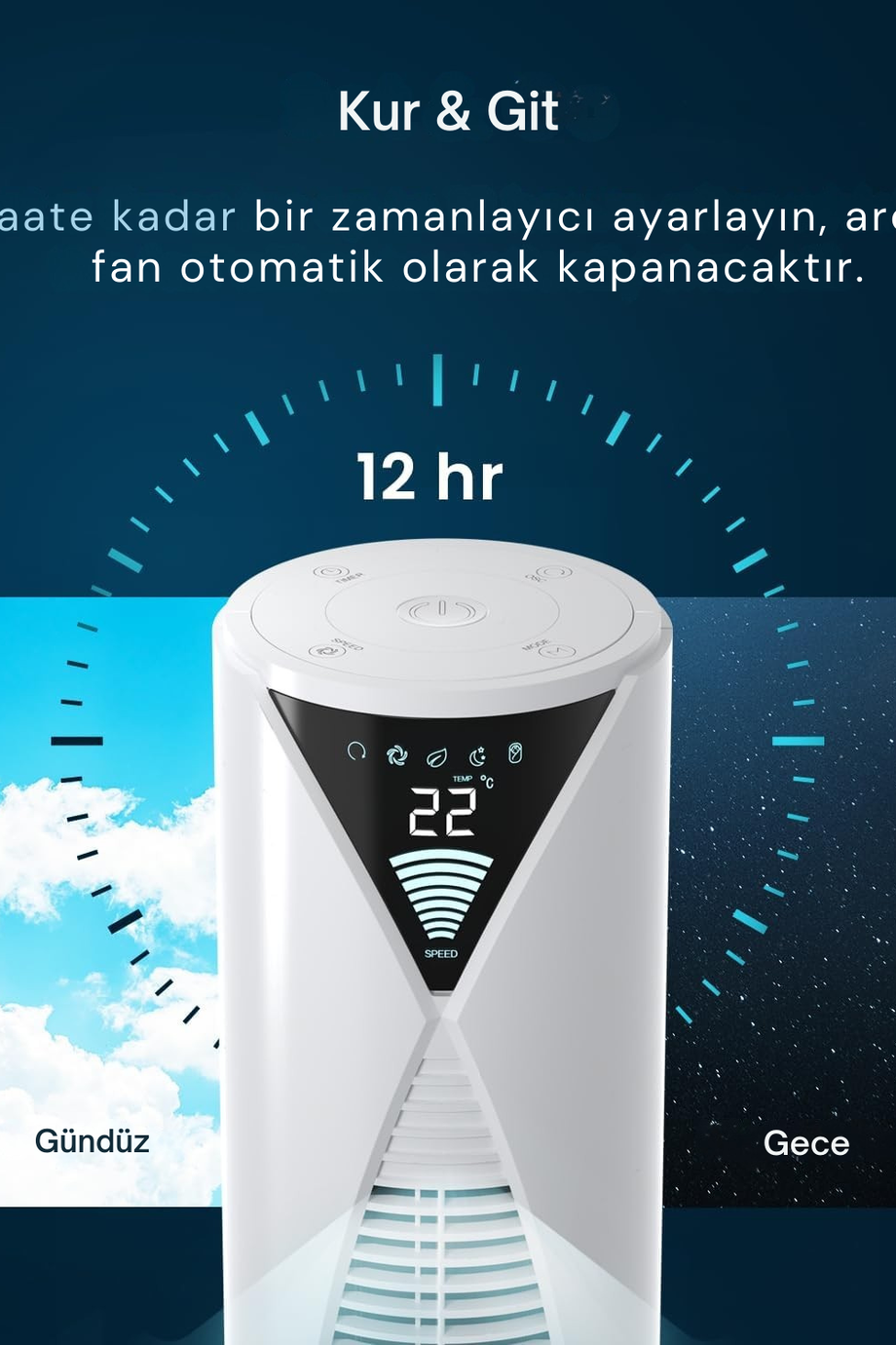 Sessiz Kule Vantilatörü, 46" Uzaktan Kumandalı, 4 Mod