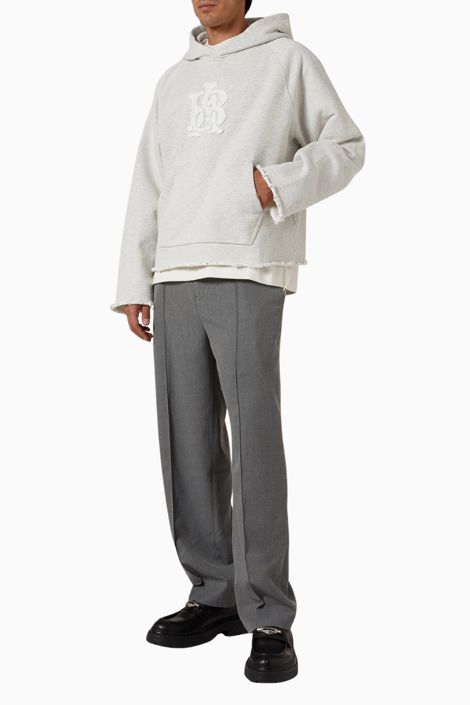 Monogram Cut Off Hoodie Cropped Boxy Gri Erkek Sweatshirt