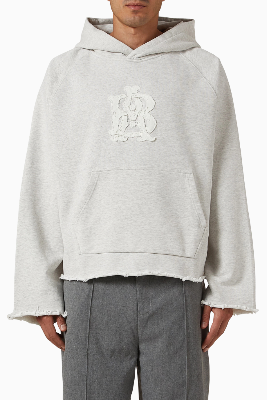 Monogram Cut Off Hoodie Cropped Boxy Gri Erkek Sweatshirt