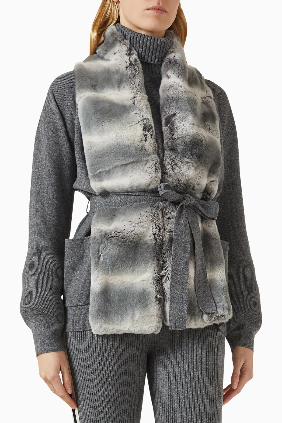 Fur Tie-detail Jacket, Gri Şık ve Lüks Kadın Kürk Detaylı Ceket