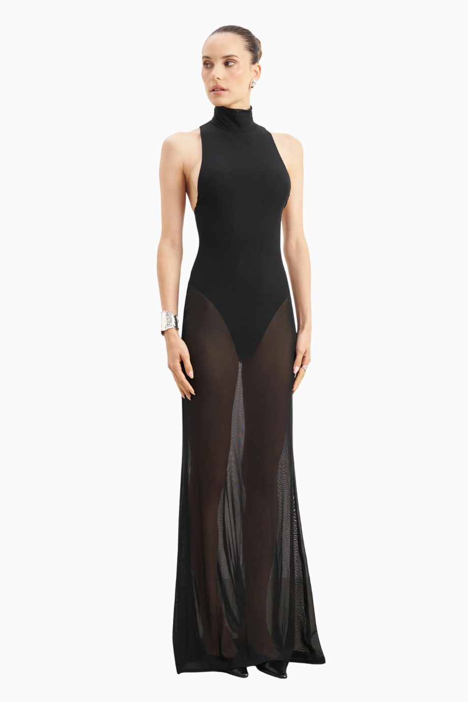 Sheer High Neck Racerback Gown Maxi Kadın Elbise