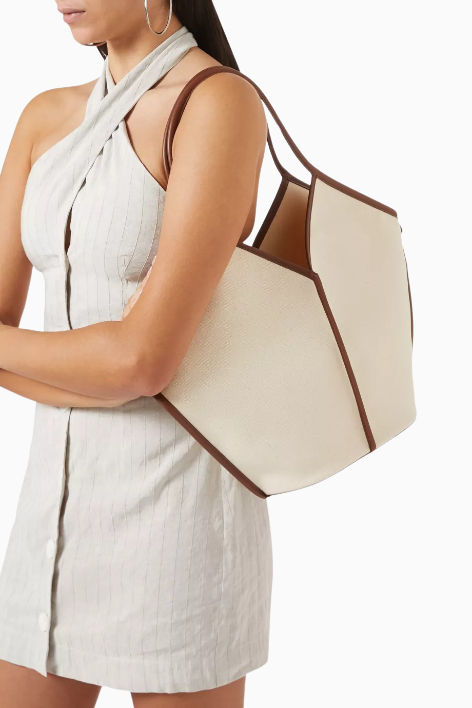 Medium Calella Bej Pamuk Kanvas, Deri Detaylı İspanyol El Yapımı Lüks Tote Çanta