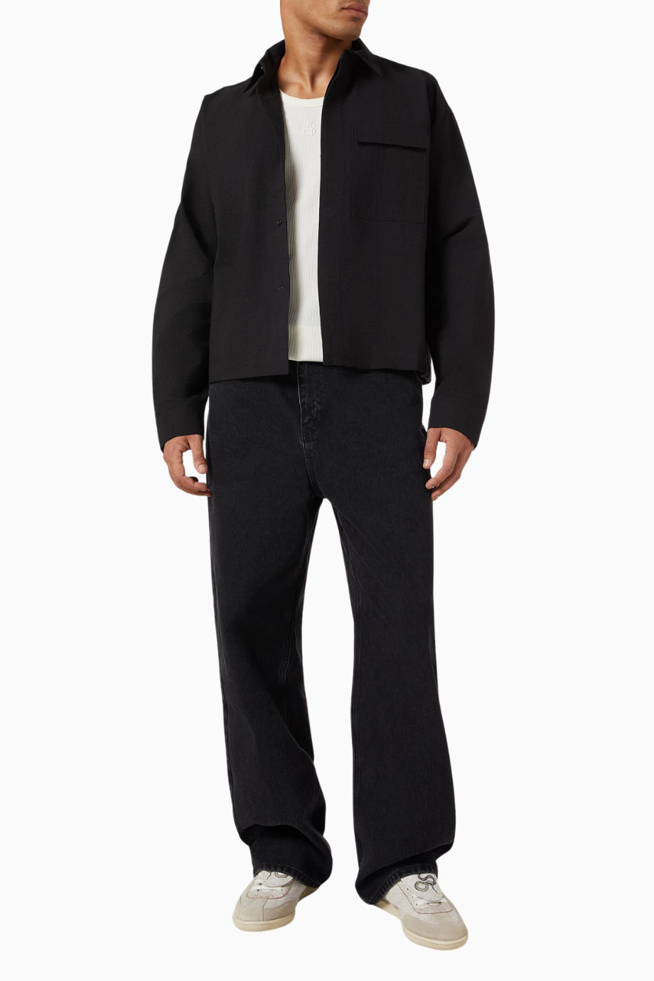 Seersucker Linen Blend Overshirt Siyah Erkek Ceket