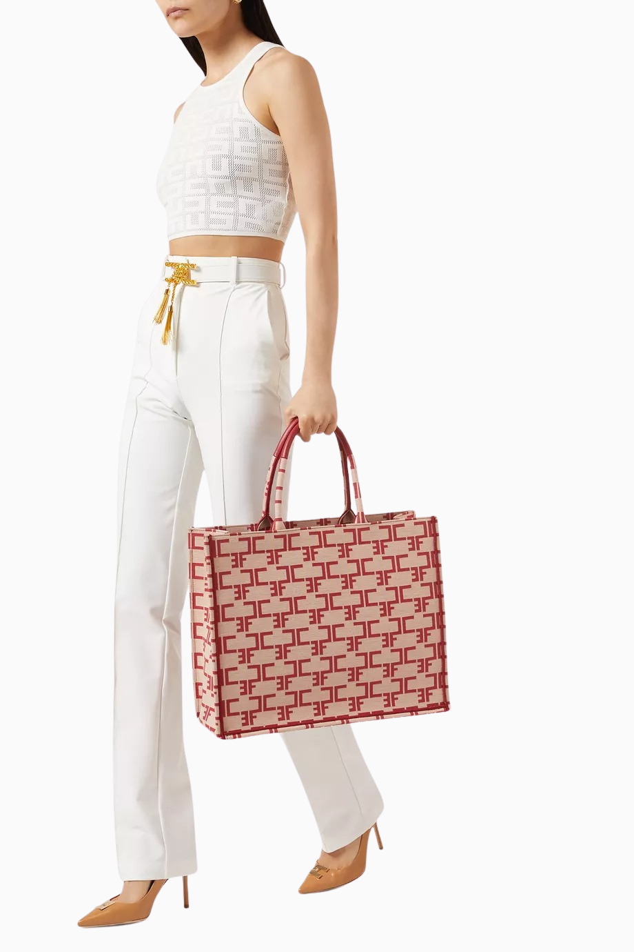 Large Monogram Tote Çanta, Jakarlı Kumaş EF Logolu Lüks Omuz Çantası