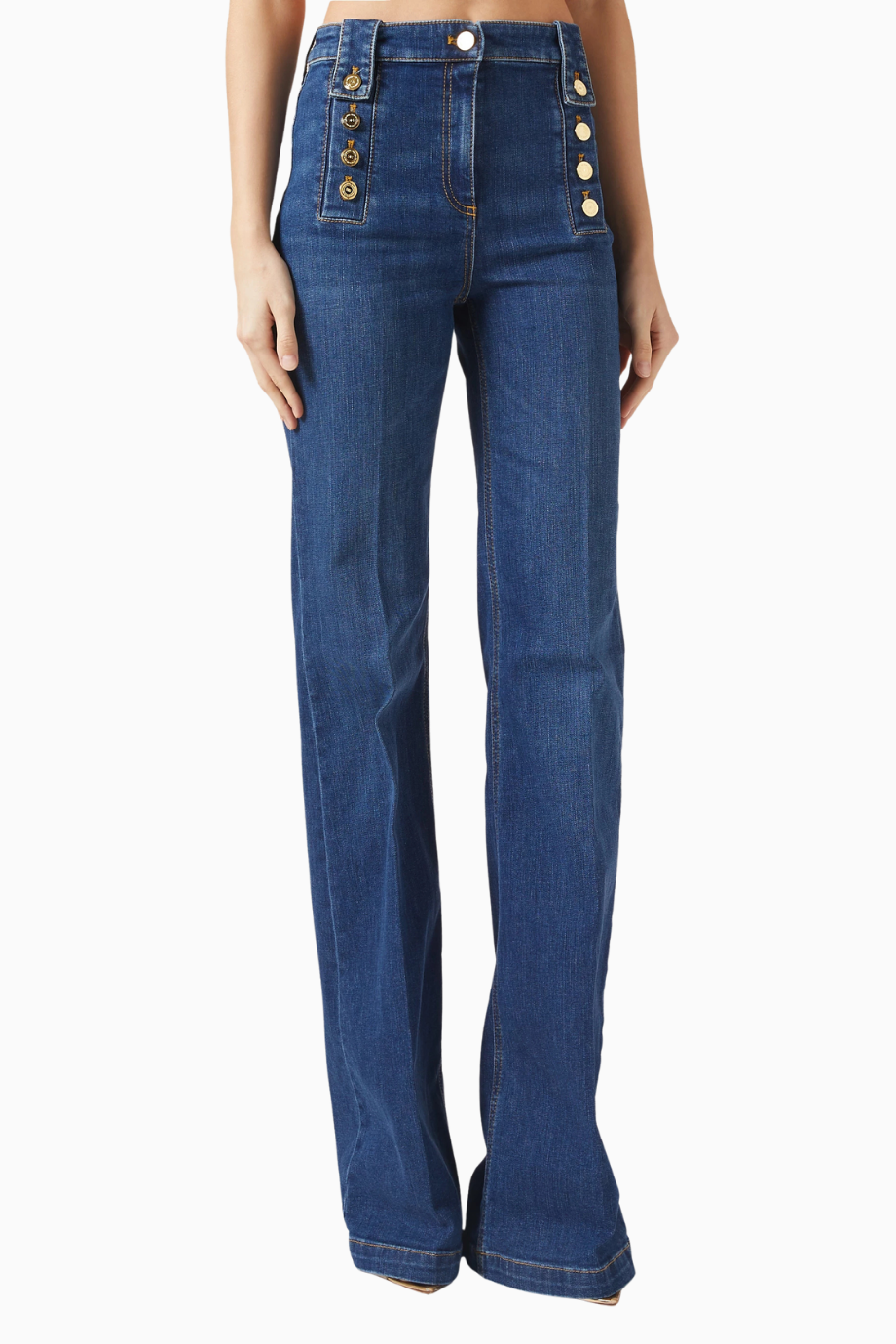 Logo-Button High-Rise Flared Denim Jeans, Lüks ve Retro Şıklık