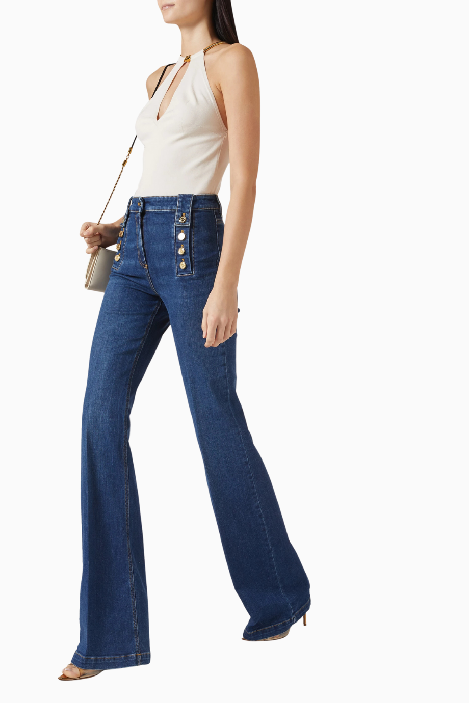 Logo-Button High-Rise Flared Denim Jeans, Lüks ve Retro Şıklık